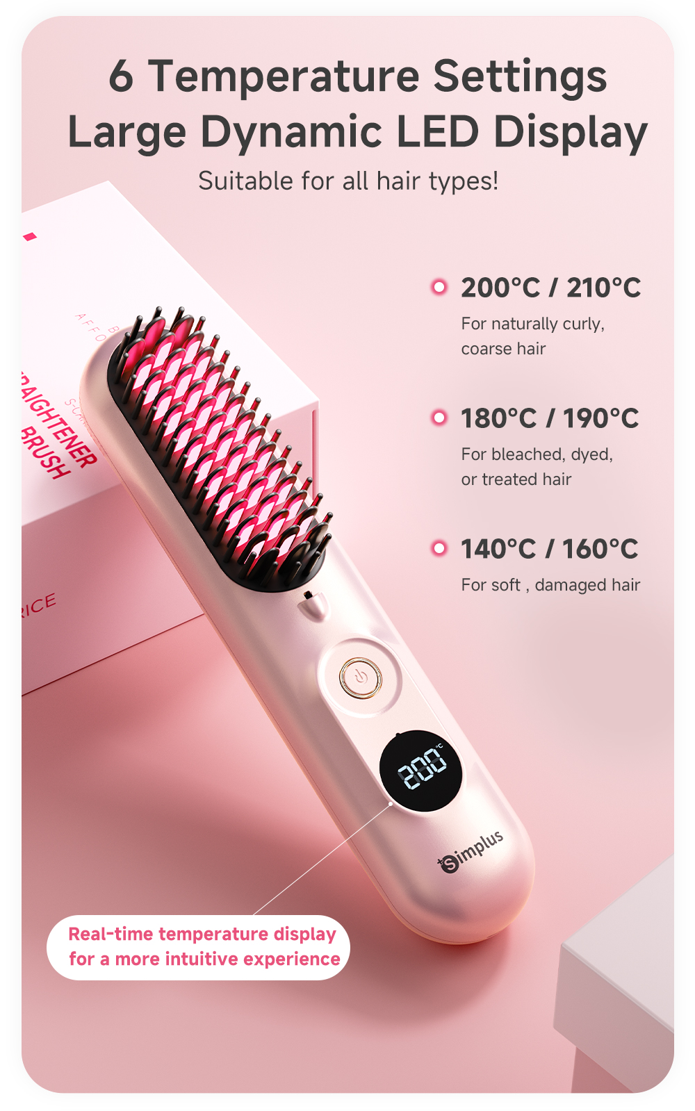 Simplus Cordless Hair Brush Straightener Negative Ion Anti-Scalding ...