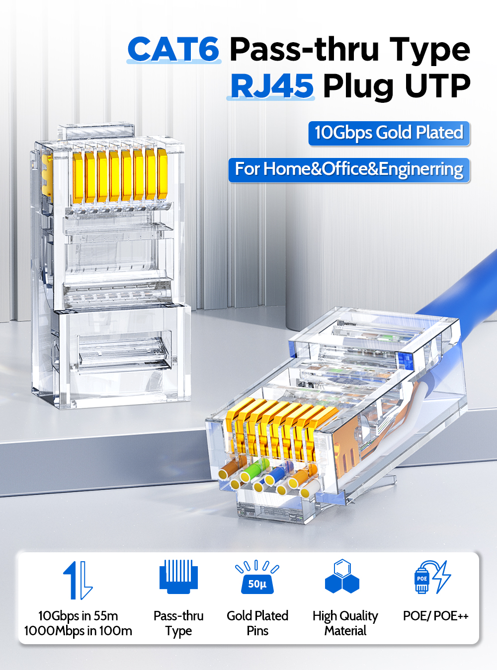 AMPCOM CAT6 RJ45 Connector Plug Pass-Through UTP Modular Plug 3μ Gold ...