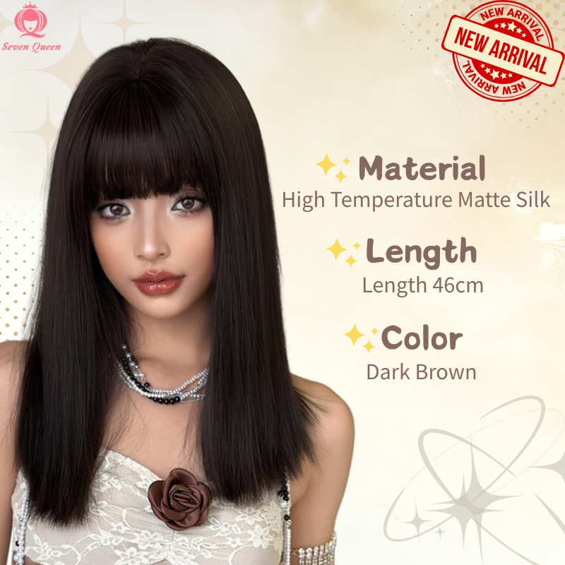 Seven Queen 46cm High Quality Polyester Wig Dark Brown Long Straight ...