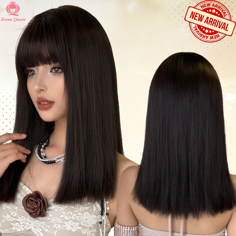 Seven Queen 46cm High Quality Polyester Wig Dark Brown Long Straight ...