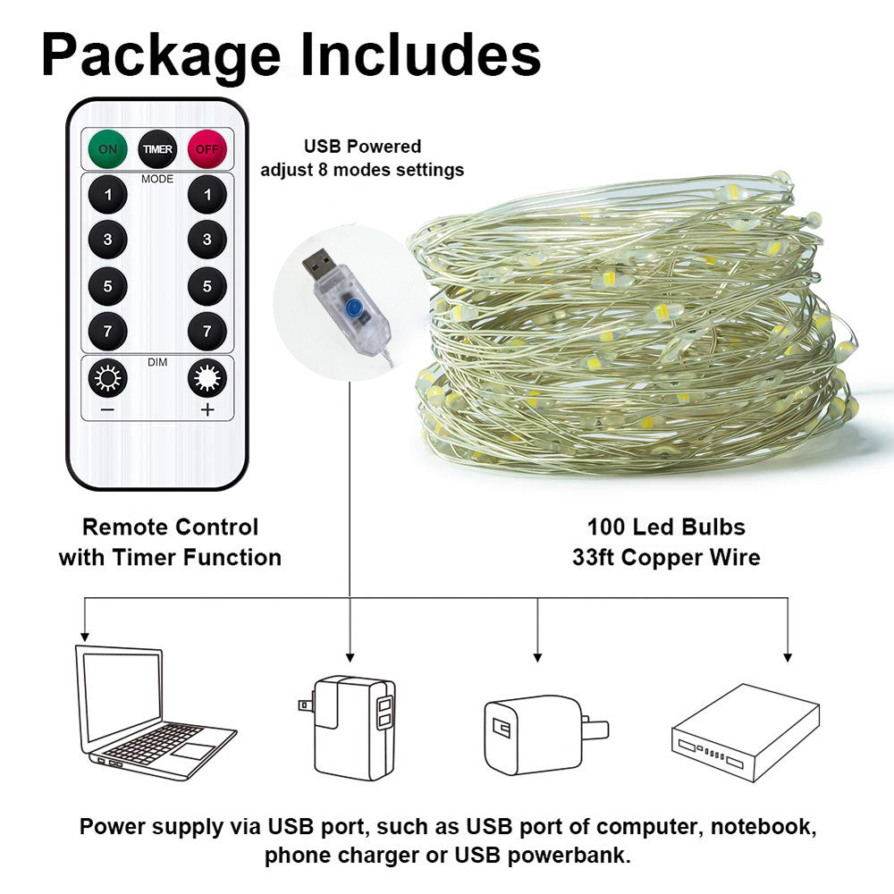 USB 8 Mode 10M 100 LED String Lights Pasko Waterproof Copper Wire LED ...