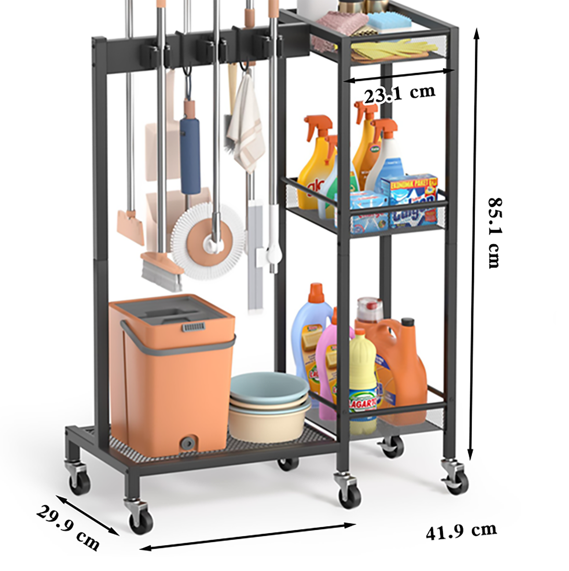 Mop and Broom Holder Storage Rack with Wheels Cleaning Cart Floor ...