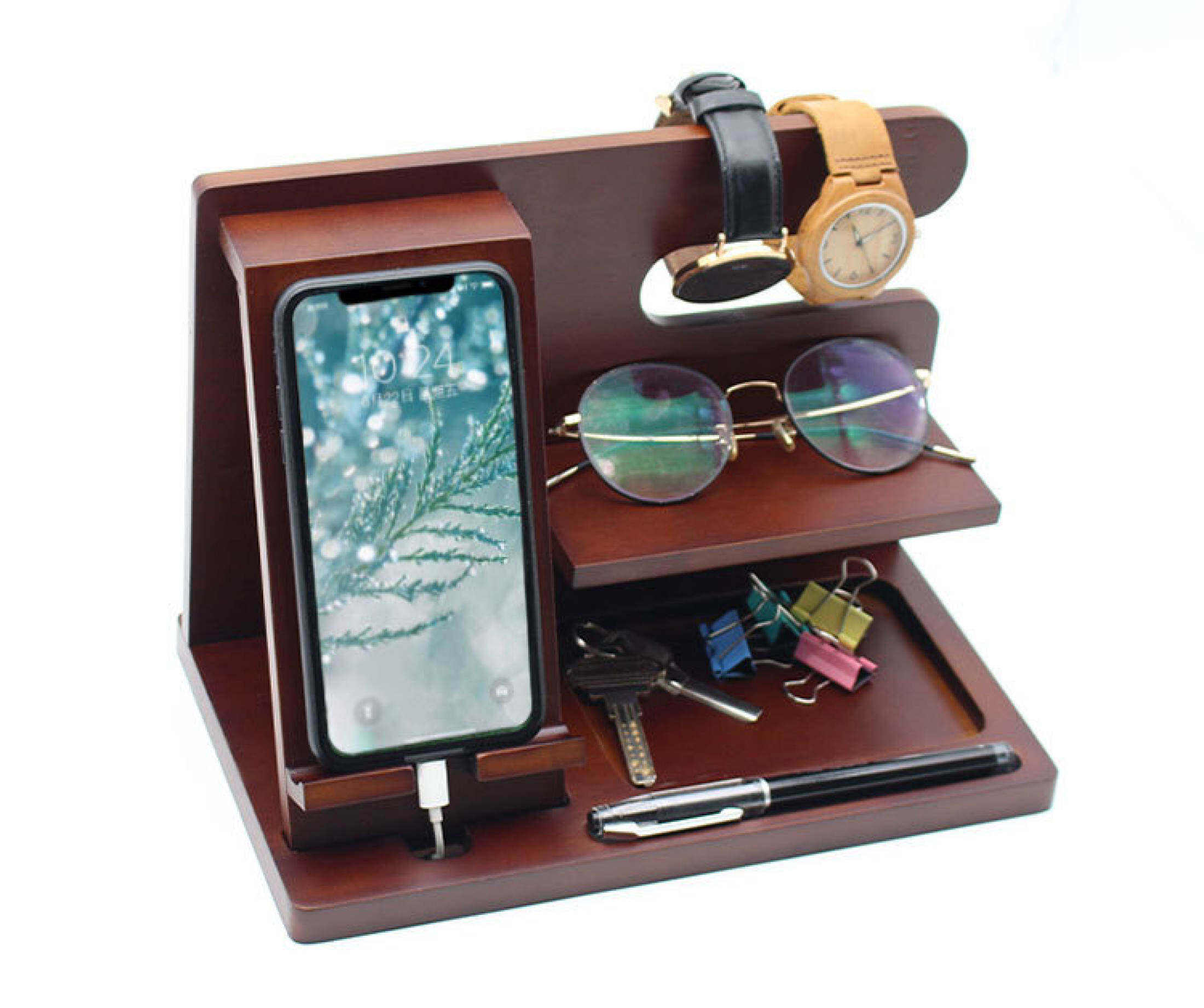 Wood Phone Docking Station Ash Key Holder Wallet Stand Watch Organizer ...