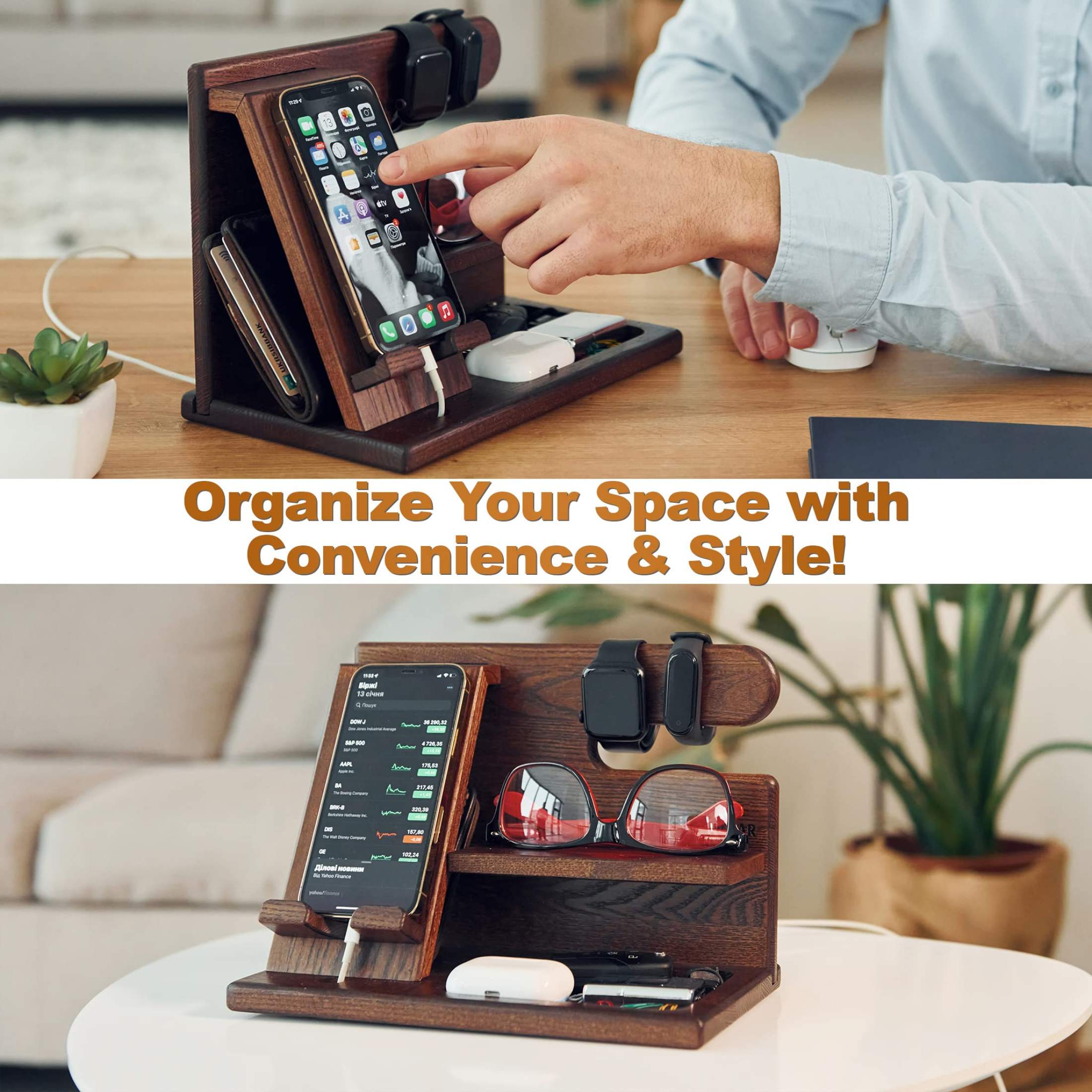 Wood Phone Docking Station Ash Key Holder Wallet Stand Watch Organizer ...