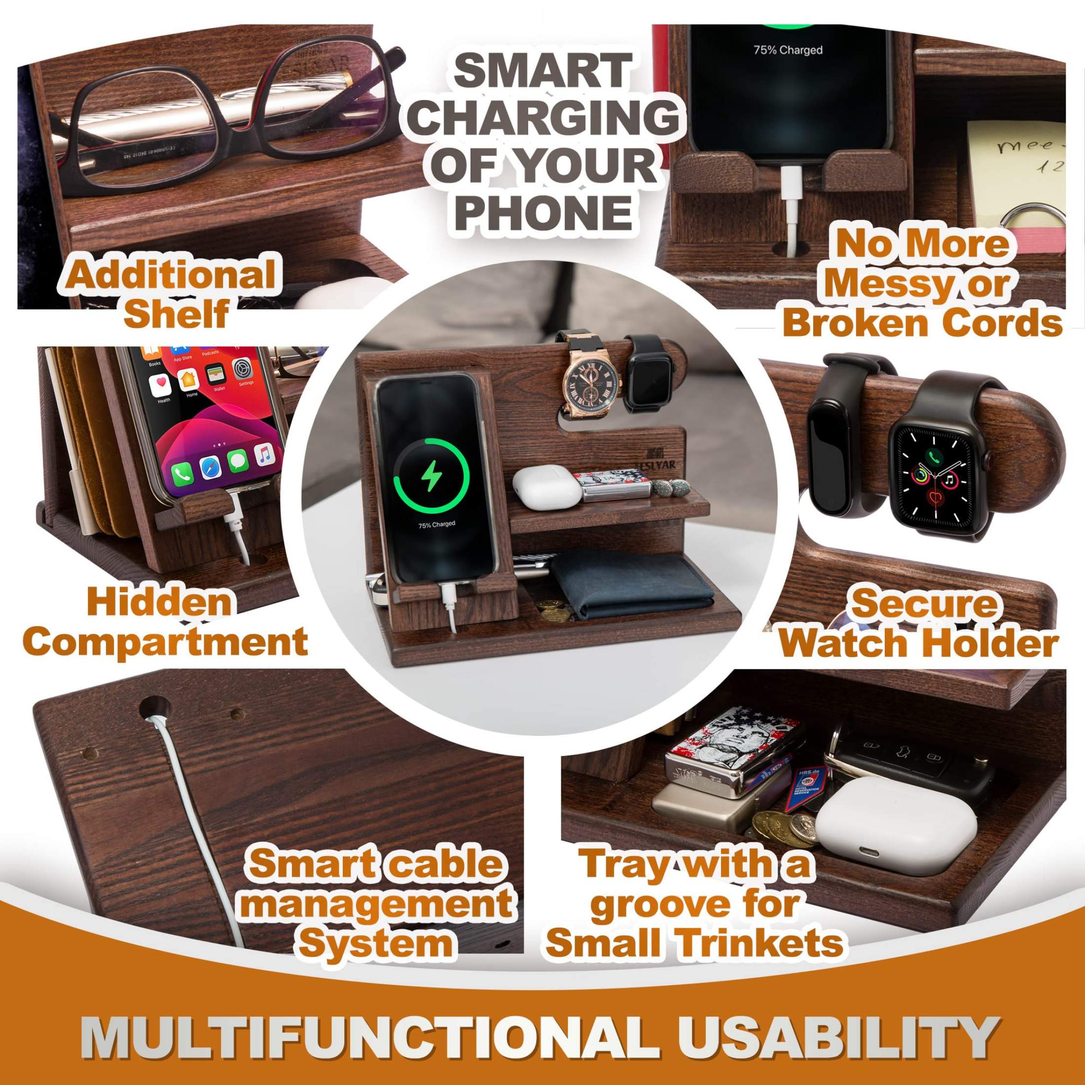 Wood Phone Docking Station Ash Key Holder Wallet Stand Watch Organizer ...