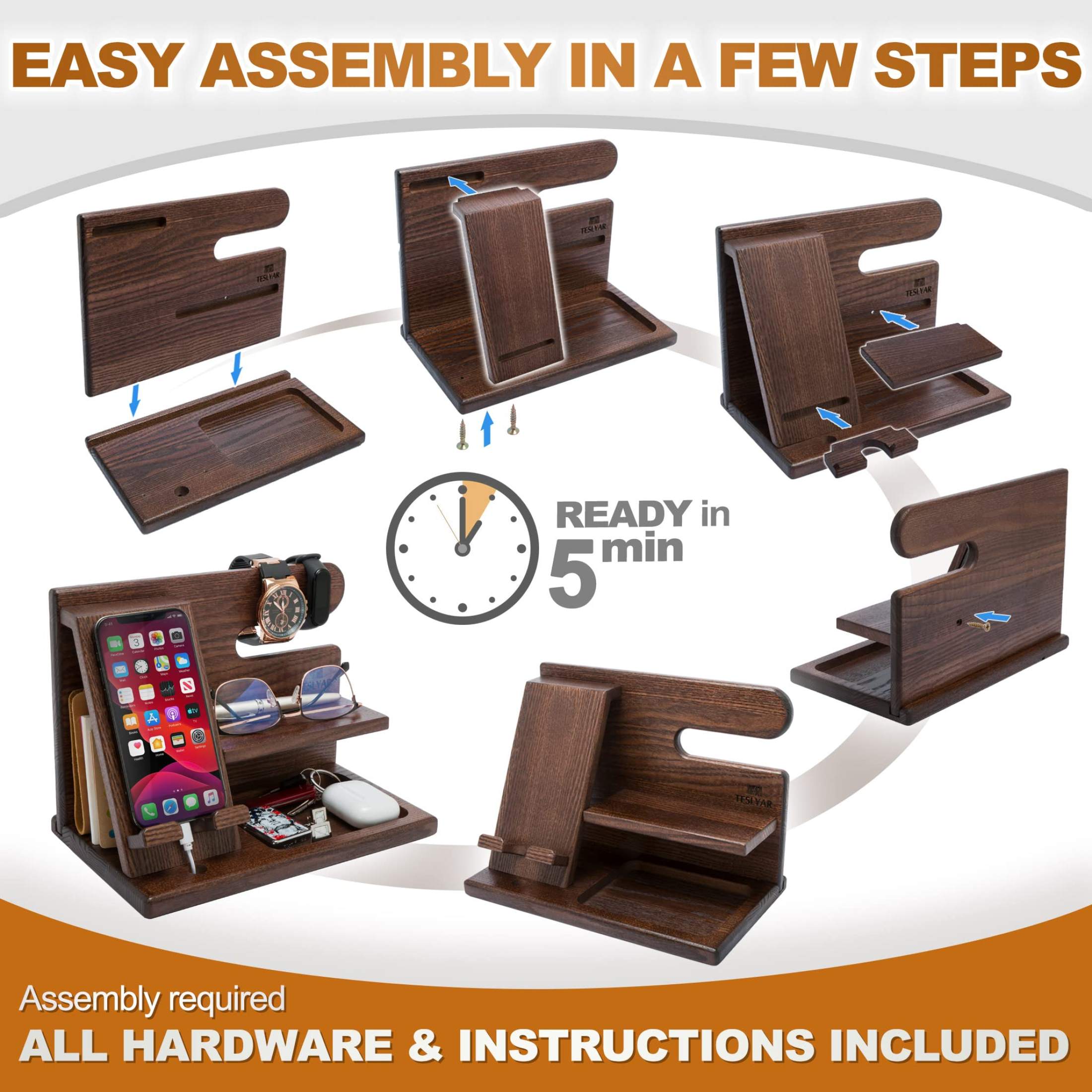 Wood Phone Docking Station Ash Key Holder Wallet Stand Watch Organizer ...