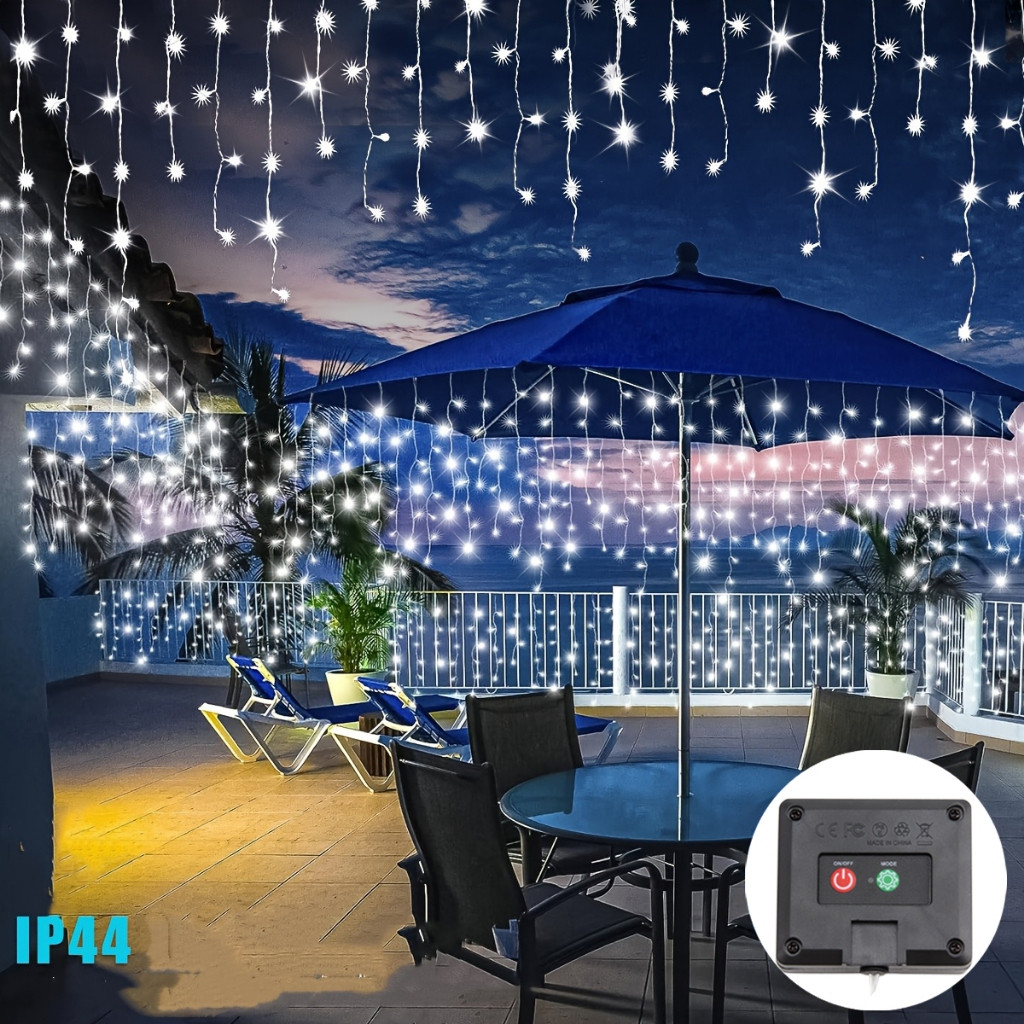 216 LED Solar Curtain Icicle Lights Outdoor Plug in Fairy String Light ...