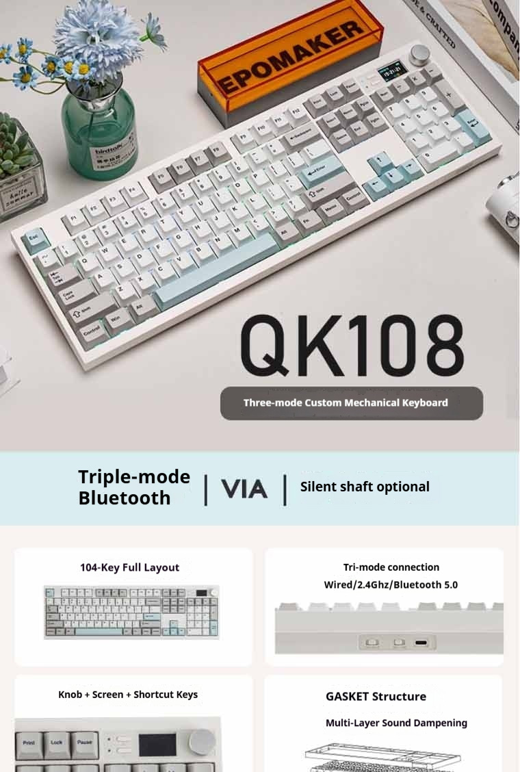 EPOMAKER QK108 Three Mode Wireless Customized Mute Gasket Small Screen ...