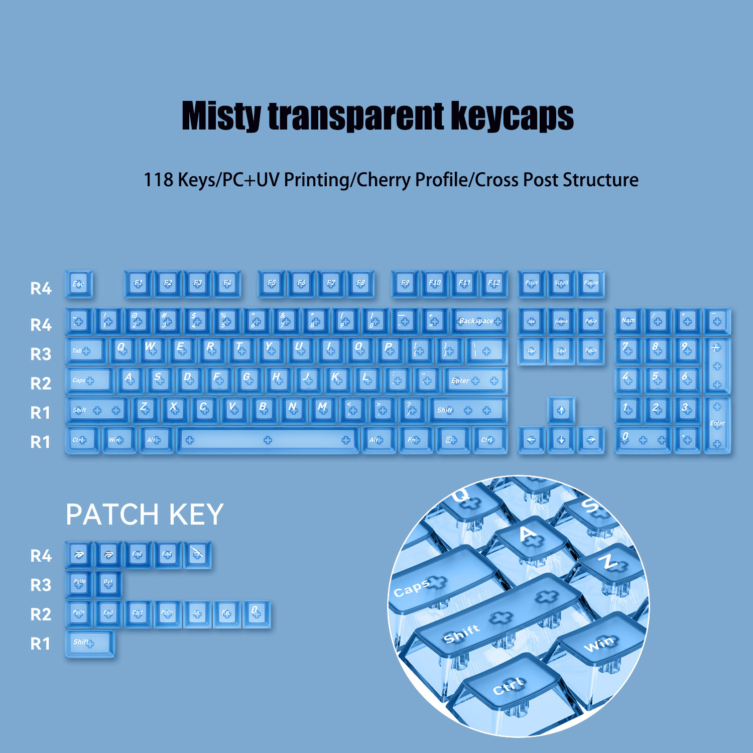 118 Keys Fog Blue Transparent PC Keycaps Double Shot Cherry Profile Key ...