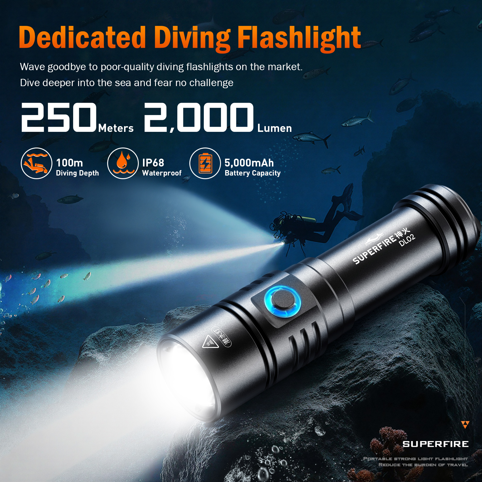SUPERFIRE DL02 20W LED Powerful Dive Light Max 2000 Lumen 100m ...