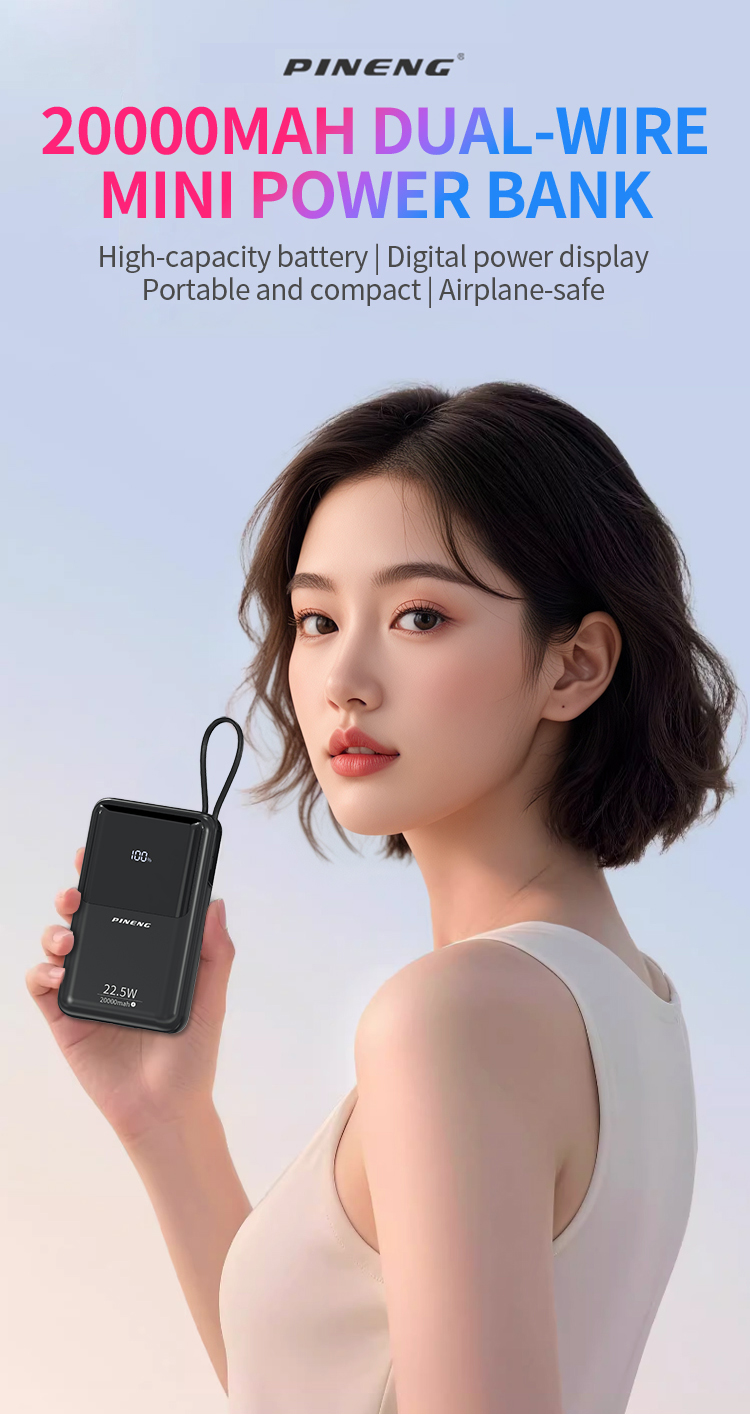 PINENG 892PD 20000mAh Powerbank 22.5W Built-in Dual Cable Multi-device ...
