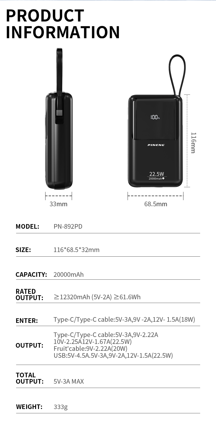PINENG 892PD 20000mAh Powerbank 22.5W Built-in Dual Cable Multi-device ...