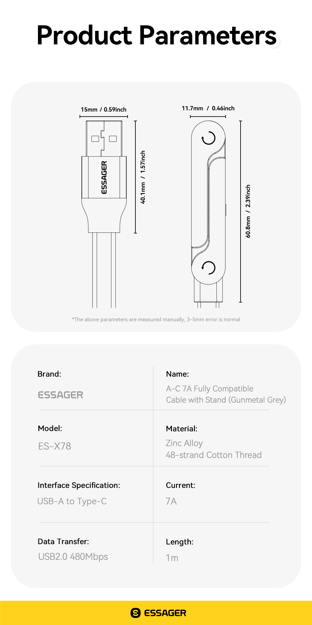 Essager 7A USB A To Type Fully Compatible Charging Cable + Horizontal ...