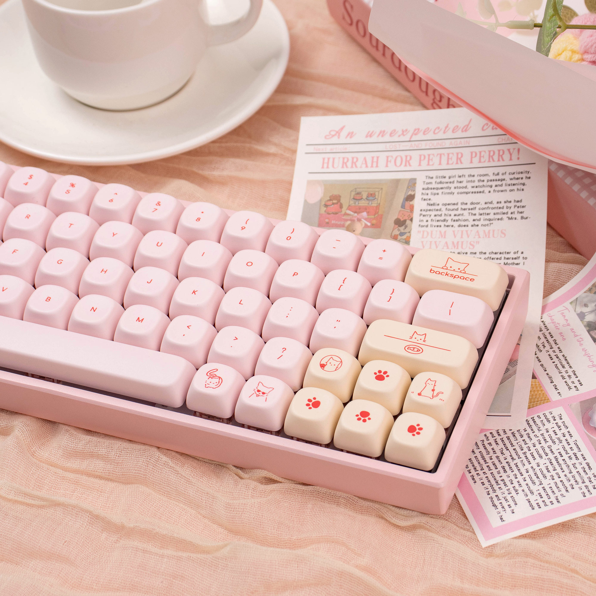 Pink Kitty Keycaps Cute cat cartoon PBT MOA profile Round keycap set ...