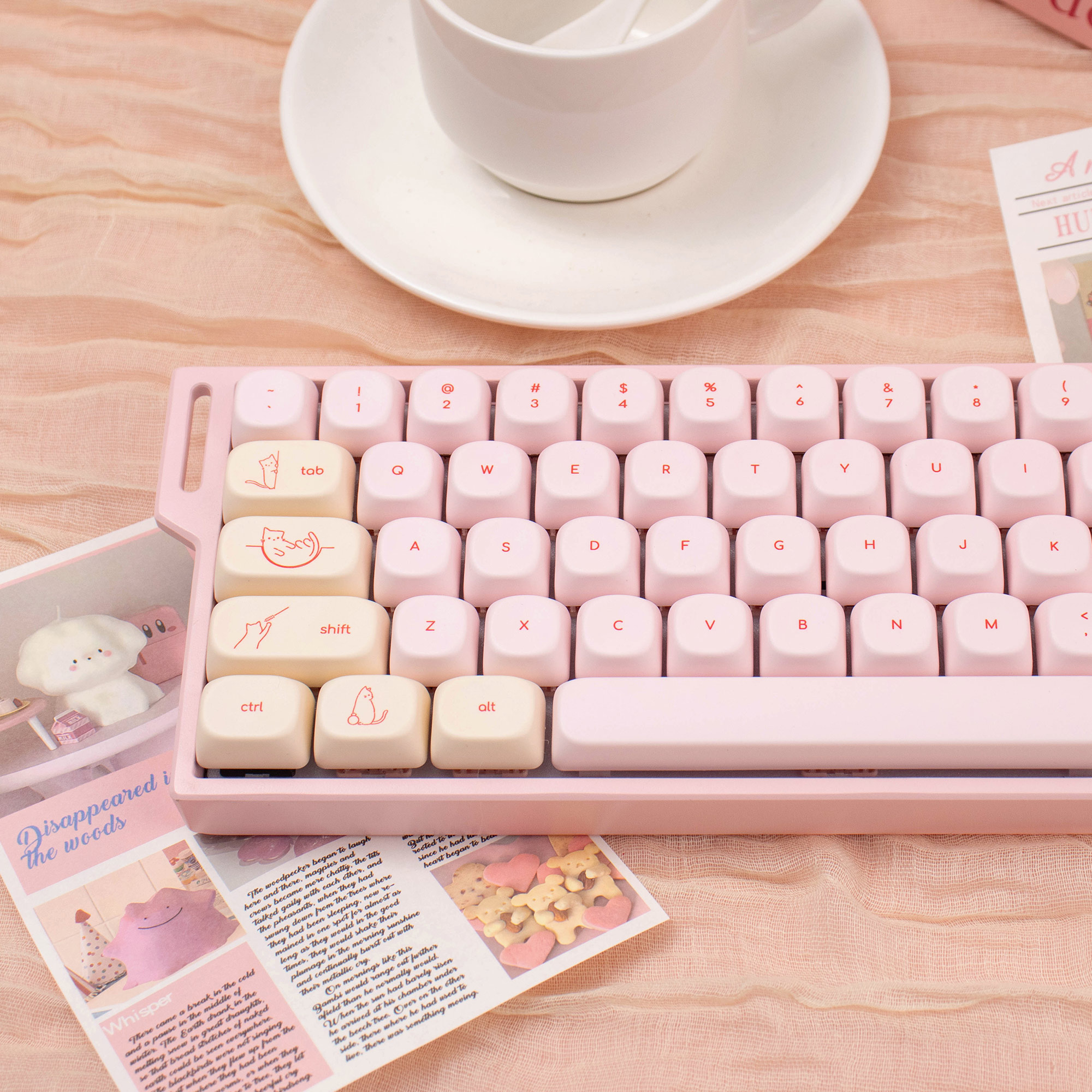 Pink Kitty Keycaps Cute cat cartoon PBT MOA profile Round keycap set ...