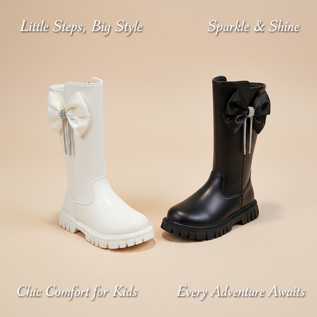 STEPY Black Leather Thigh High Boots with Bow for Kid White Princess ...