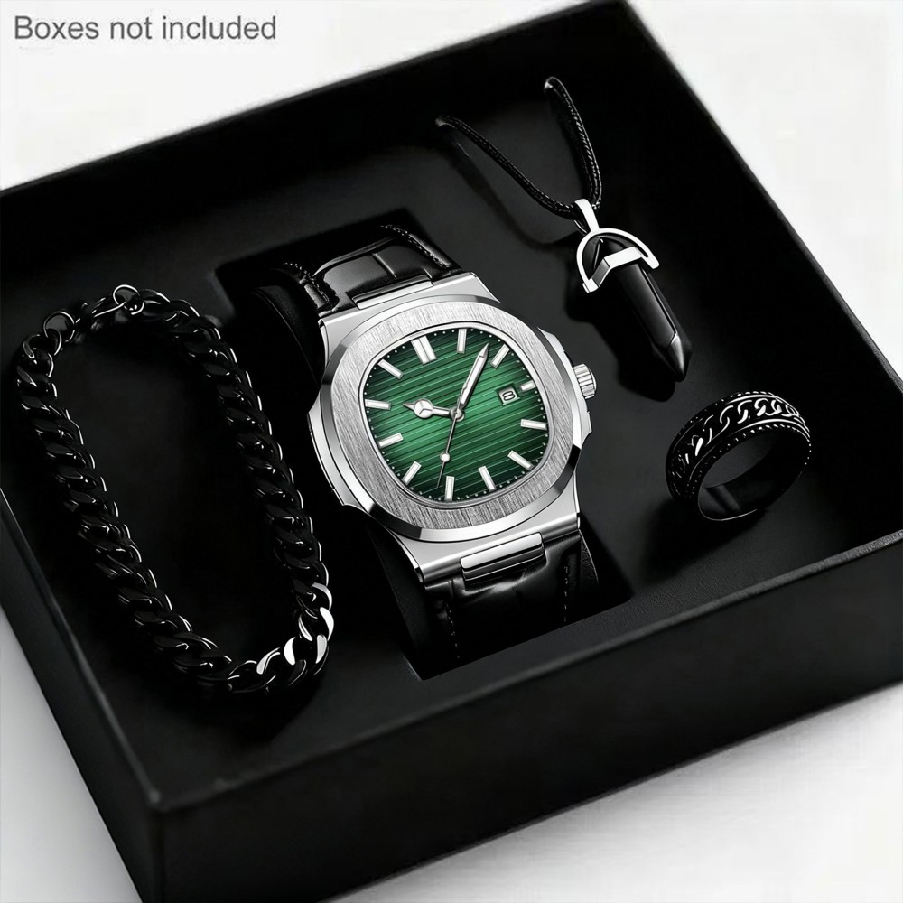 Four in One Mens Watch Set Blue Dial Quartz Watch with Cuban Chain ...