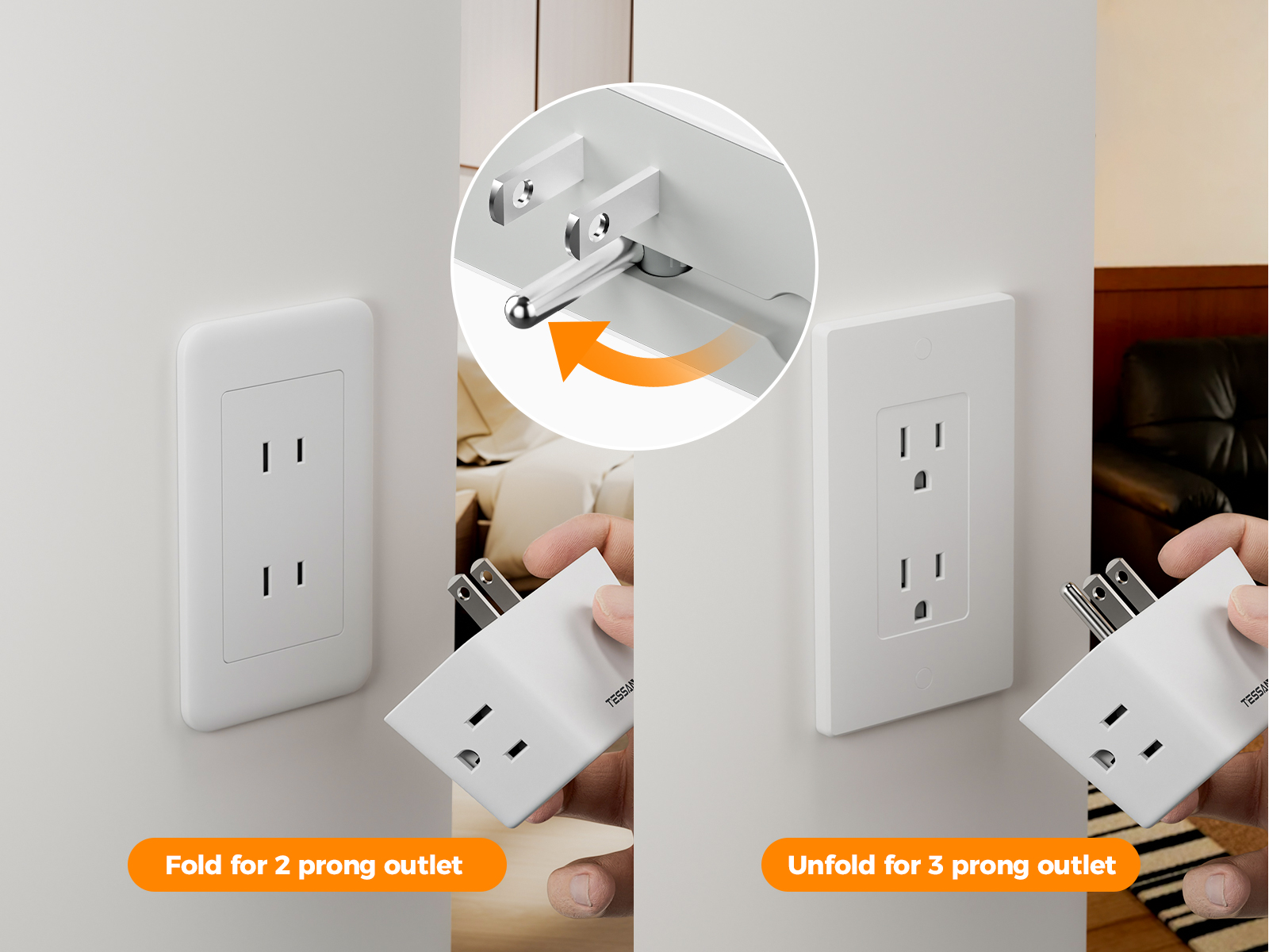 TESSAN Power Extension Socket with Foldable Grounding Pin, Lightweight ...