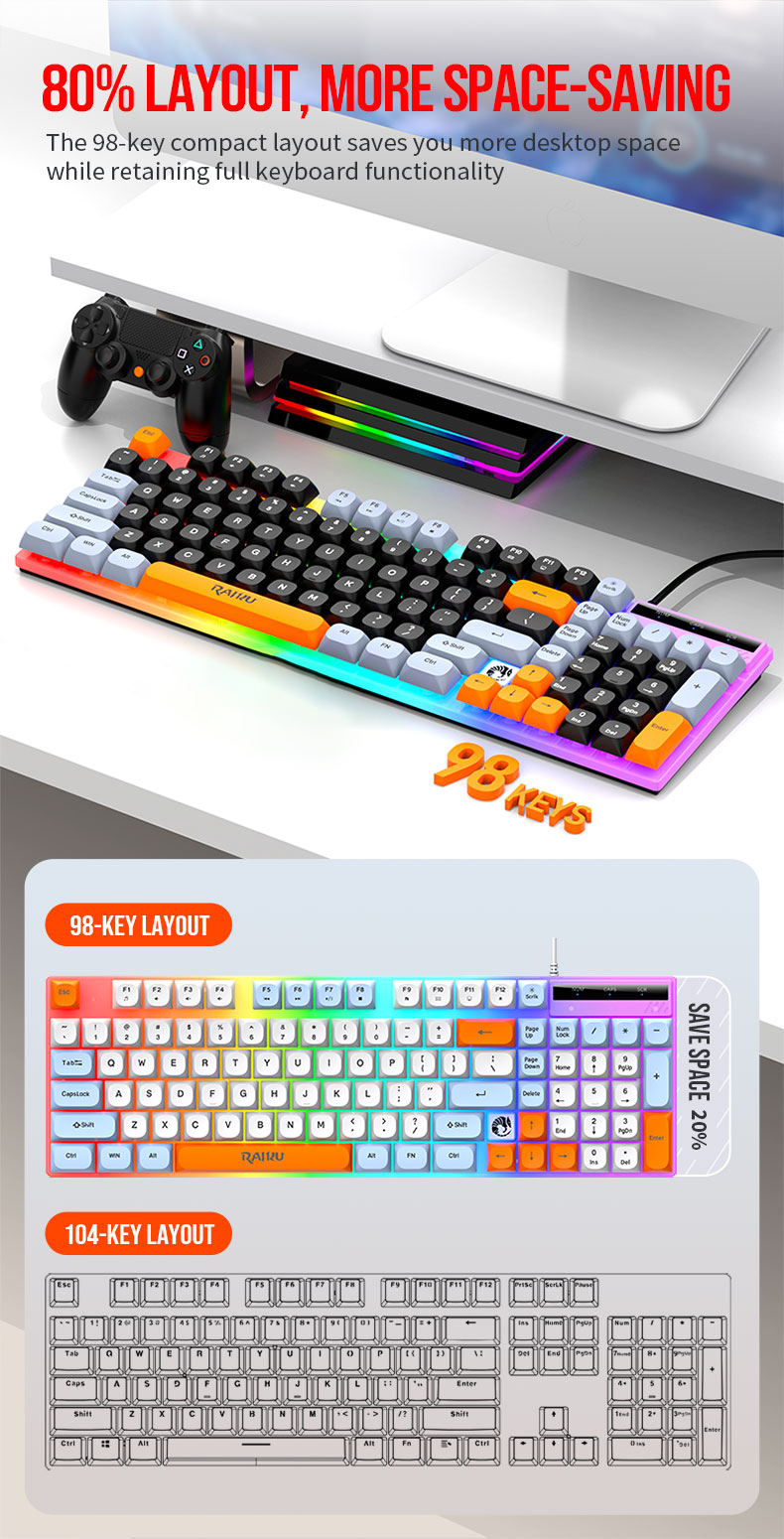 Raiku K28 98-Key Gaming Keyboard Rainbow Backlit Wired Ergonomic ...