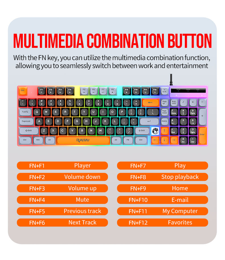 Raiku K28 98-Key Gaming Keyboard Rainbow Backlit Wired Ergonomic ...