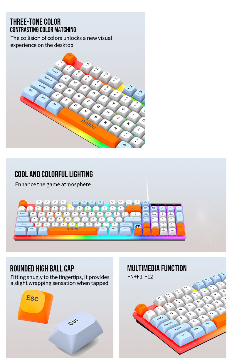 Raiku K28 98-Key Gaming Keyboard Rainbow Backlit Wired Ergonomic ...