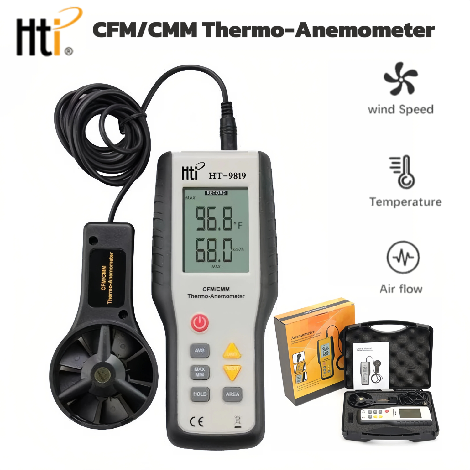 HTI HT-9819 CFM/CMM Digital Thermo Anemometer, Vane Split Type Air Flow ...