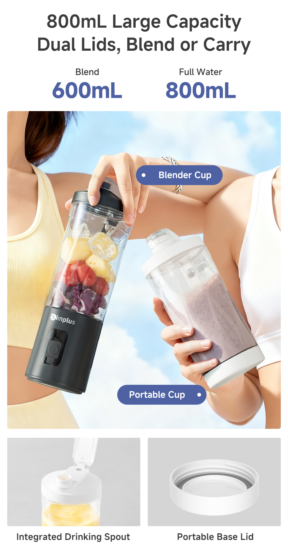 Simplus Portable Blender Wireless Juicer 800mL Large Capacity Multi ...