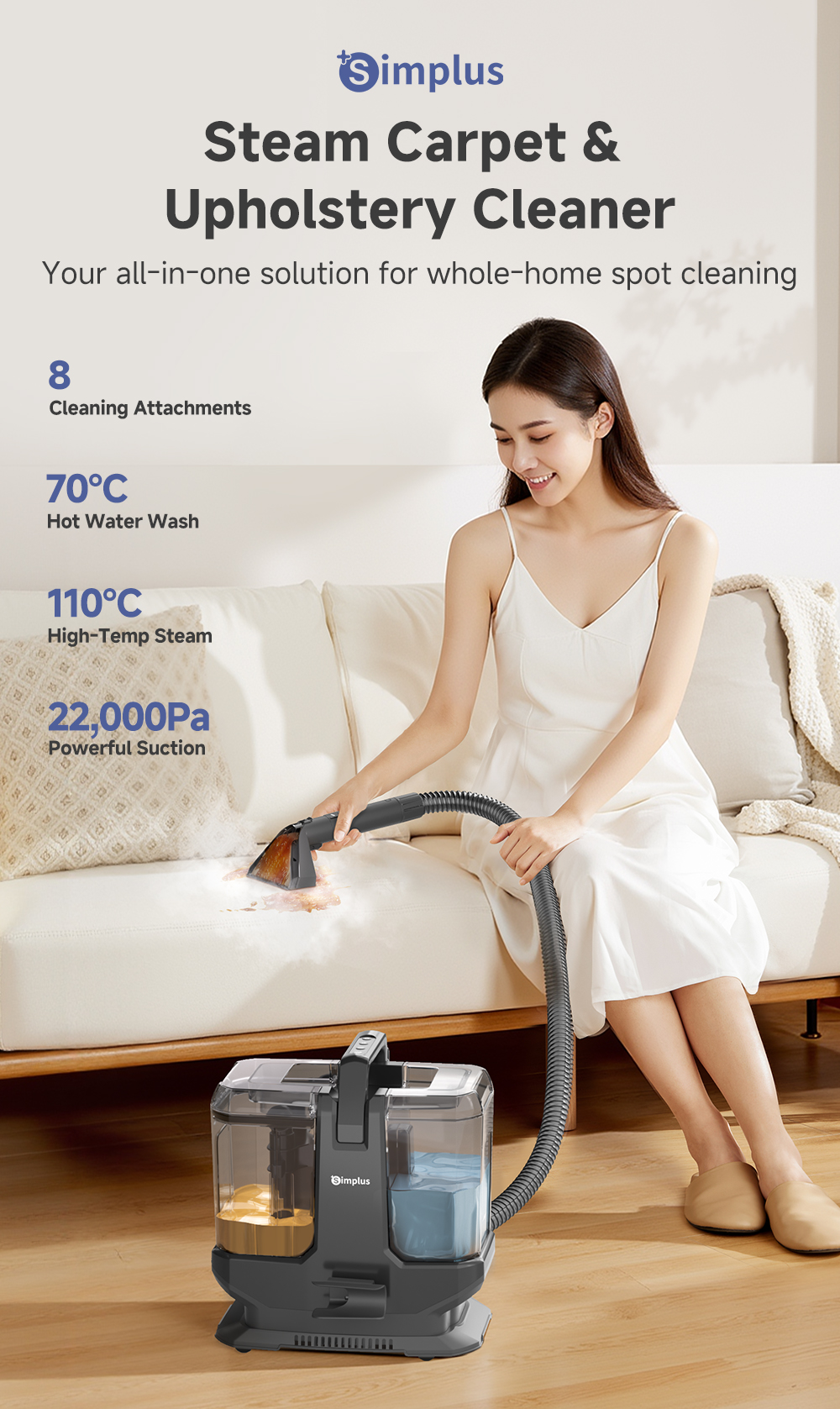 Simplus Wet&Dry Spot Vacuum Cleaner 110°C Steam & 70°C Hot Water 8 ...