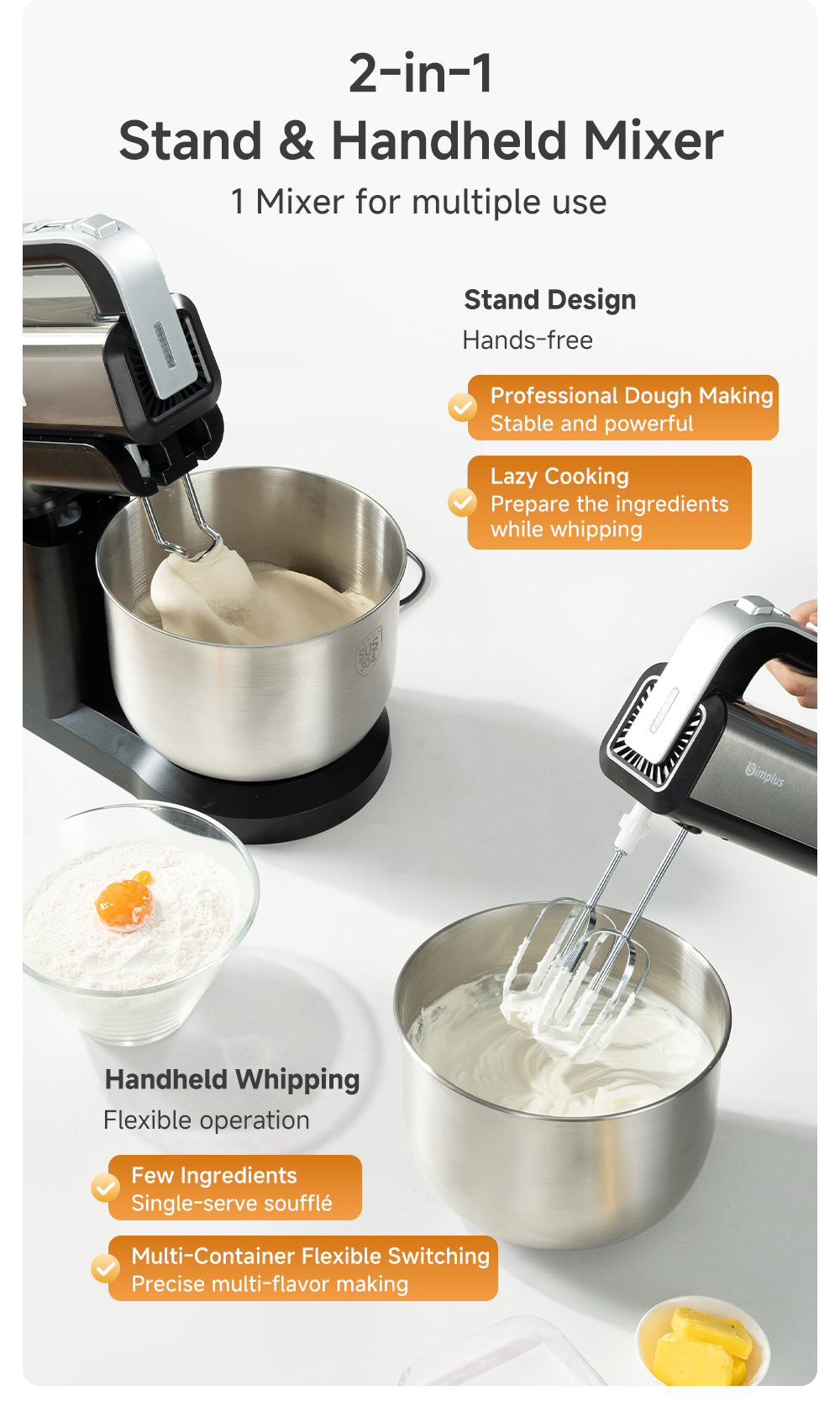 Simplus 2-in-1 Stand & Handheld Mixer Electric Multi-Function Mixer ...