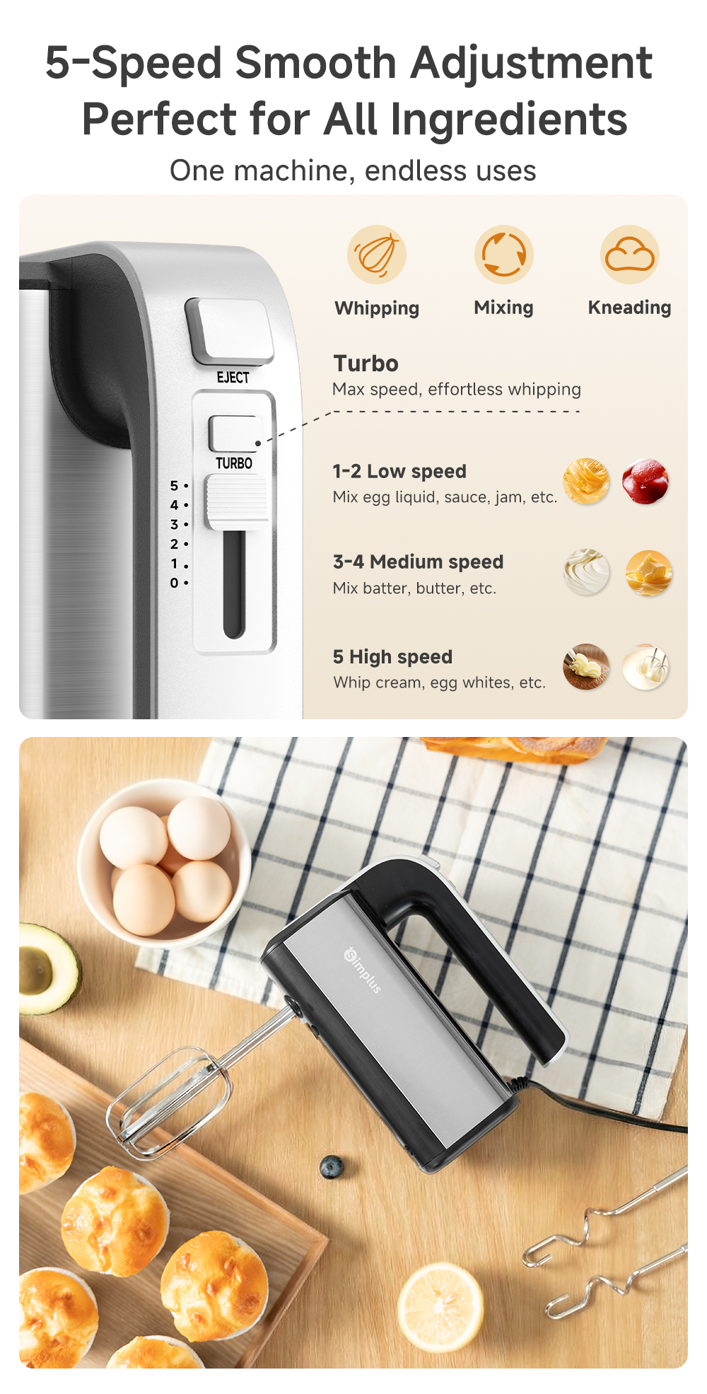 Simplus Electric Hand Mixer Multi-Function Egg Beater Light Handheld ...