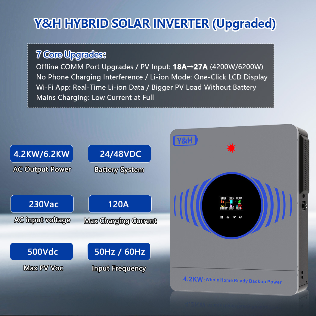 Y&H 4.2KW/6.2KW On/Off Grid Solar Hybrid Inverter DC24V/48V to AC220V ...