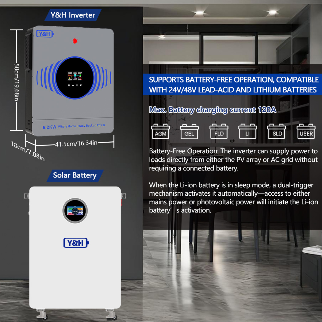 Y&H 4.2KW/6.2KW On/Off Grid Solar Hybrid Inverter DC24V/48V to AC220V ...