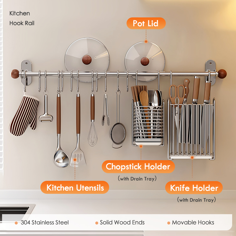 SimpleJoy SUS304 Kitchen Hanging Rod Wall Mounted Rack with Movable ...