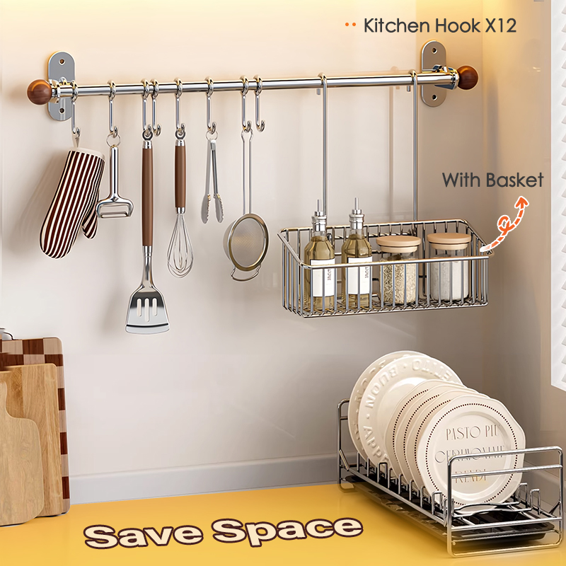 SimpleJoy SUS304 Kitchen Hanging Rod Wall Mounted Rack with Movable ...
