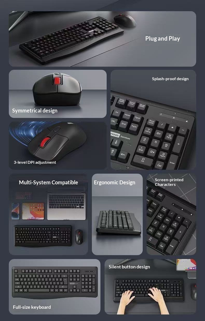 Lenovo KN230 2.4G Wireless Keyboard and Mouse Combo Ultra-slim Silent ...