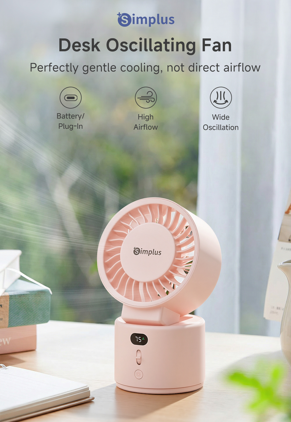 Simplus Desk Fan Auto Swing Wide-Angle Airflow Dual Power Mode 100 ...