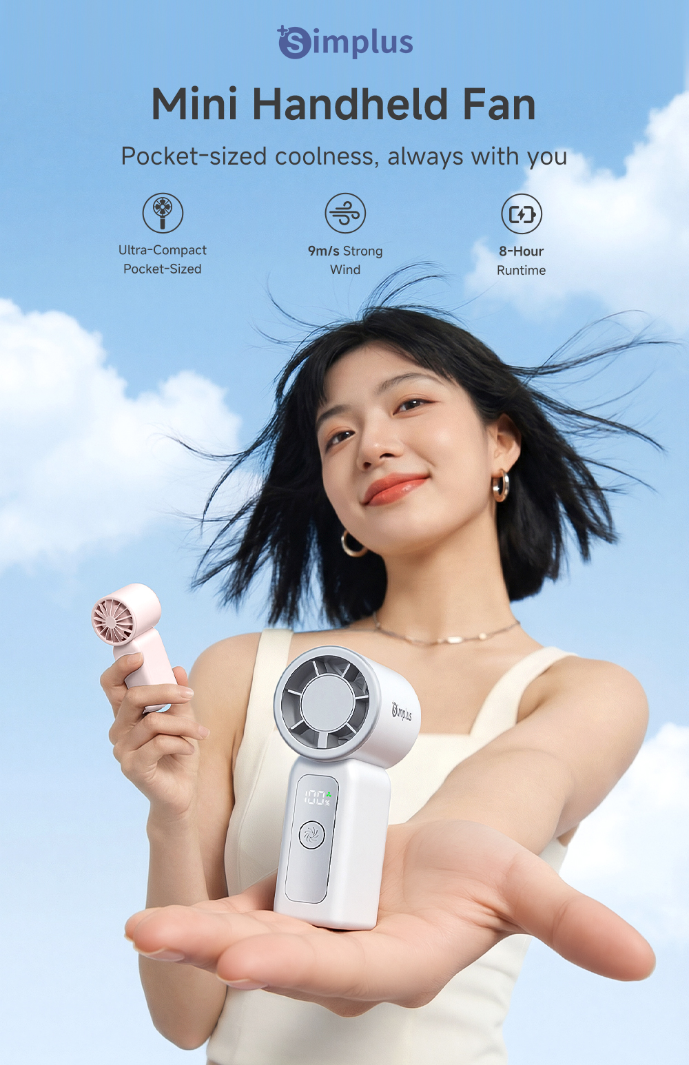 Simplus Ultra Mini Fan 100 Speeds Compact Size 9m/s High Speed Battery ...