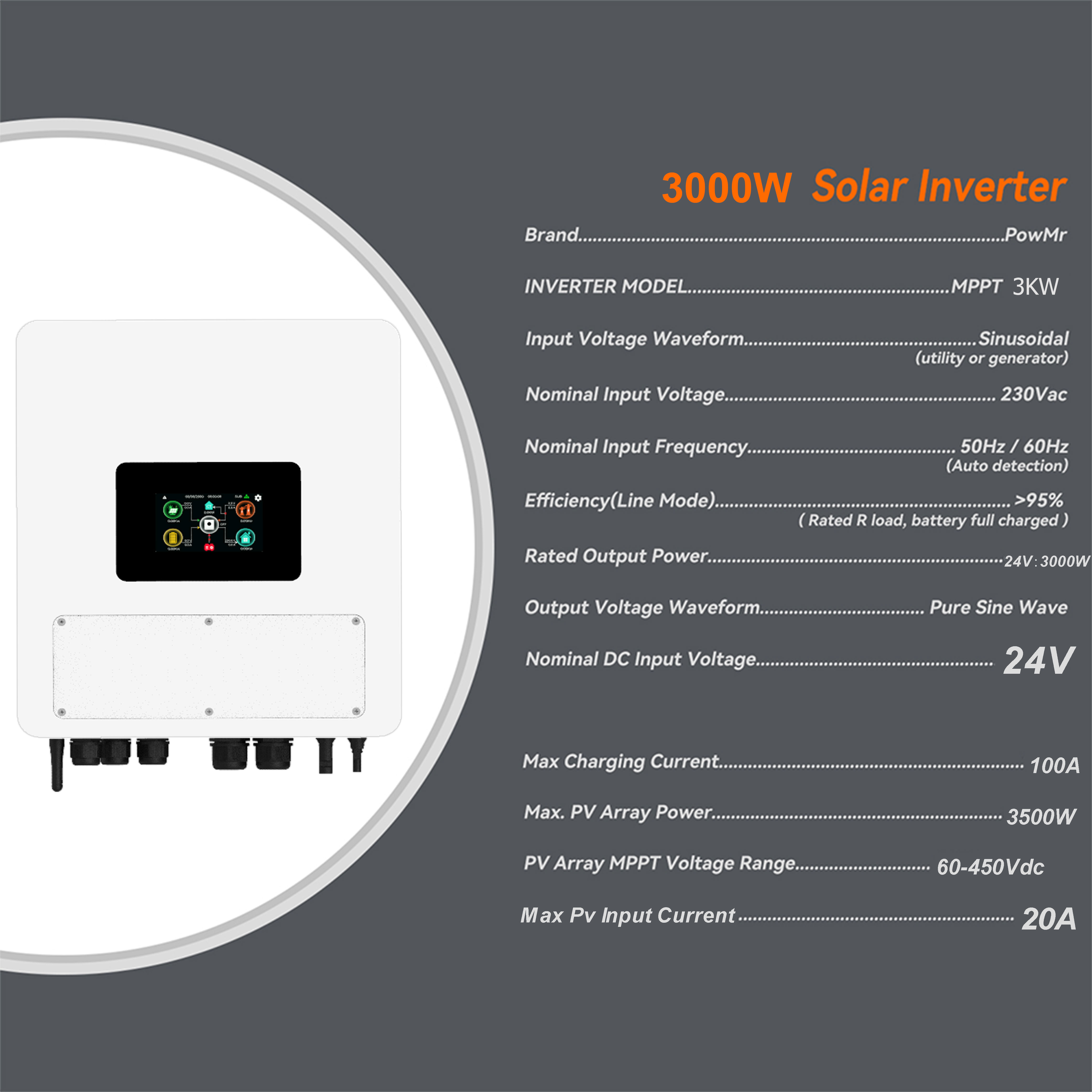 PowMr 3KW/6KW 24V/48V MPPT Solar Hybrid Inverter Pure Sine Wave 230VAC ...