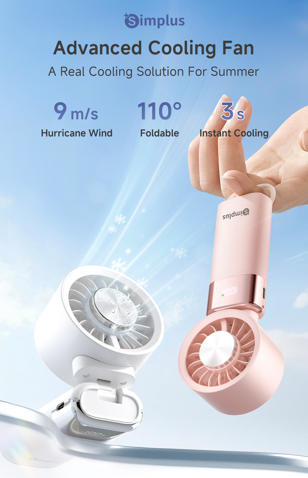 Simplus Cooling Fan 100 Stepless Speed Levels High Airflow Long Battery ...