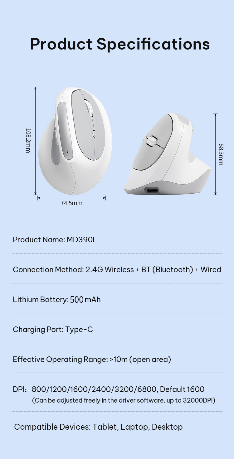 BOW MD390L Ergonomic Mouse 2.4G/Bluetooth/Wired Three-mode Mice ...