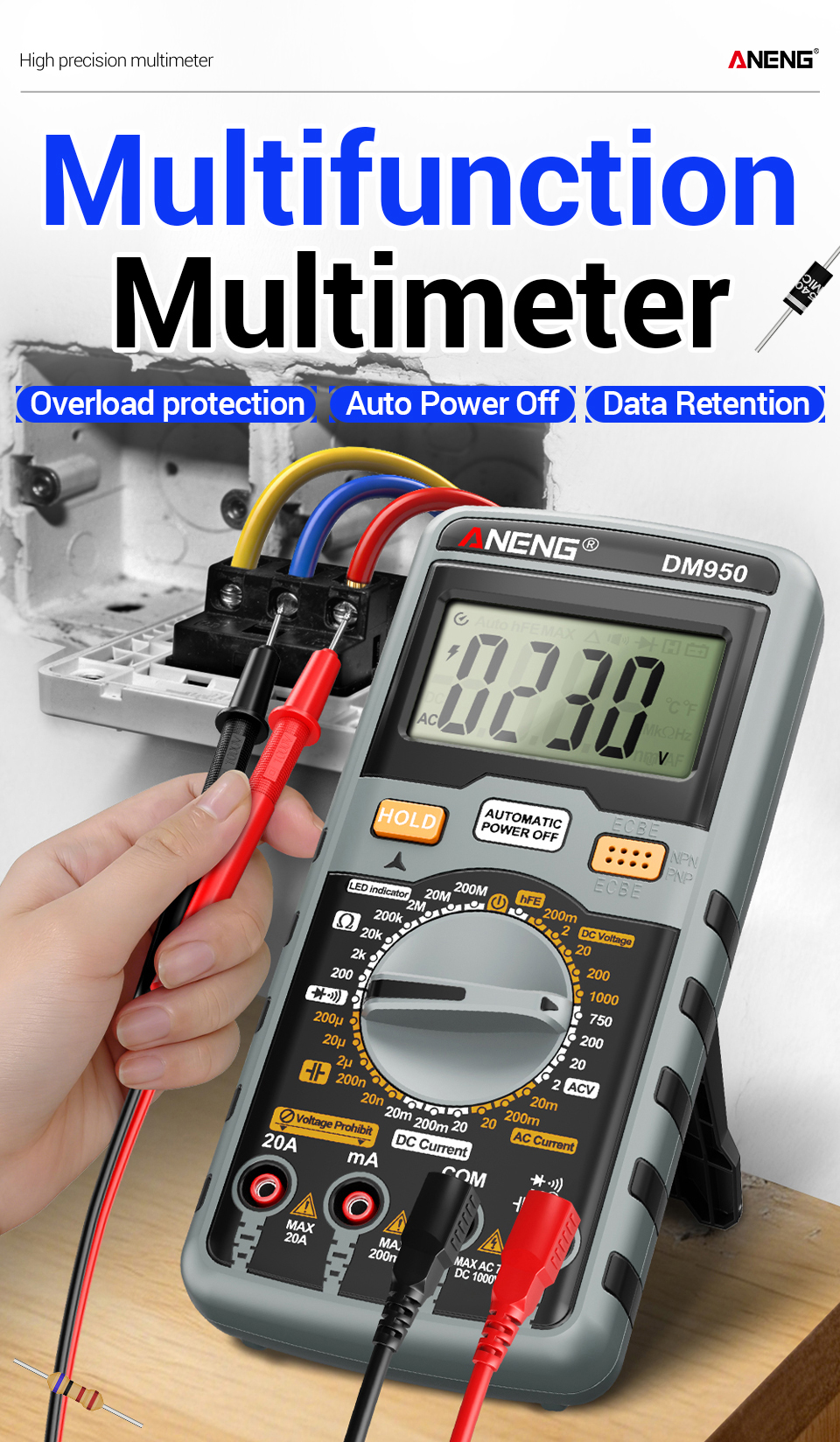 One Pc ANENG DM950 Digital Multimeter 1999 Counts Auto Range AC DC ...