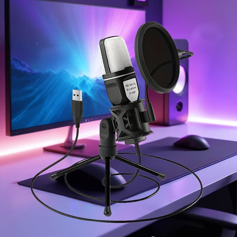 Usb condenser microphone set with rgb light pop filter tripod stand for ...