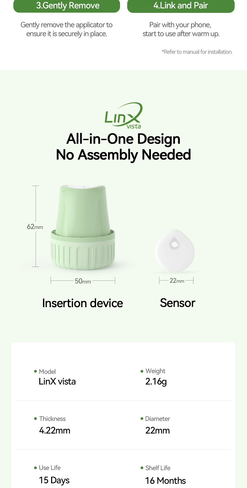 LinX Vista CGM 3 Full Set Continuous Glucose Monitor No Finger Pricking ...