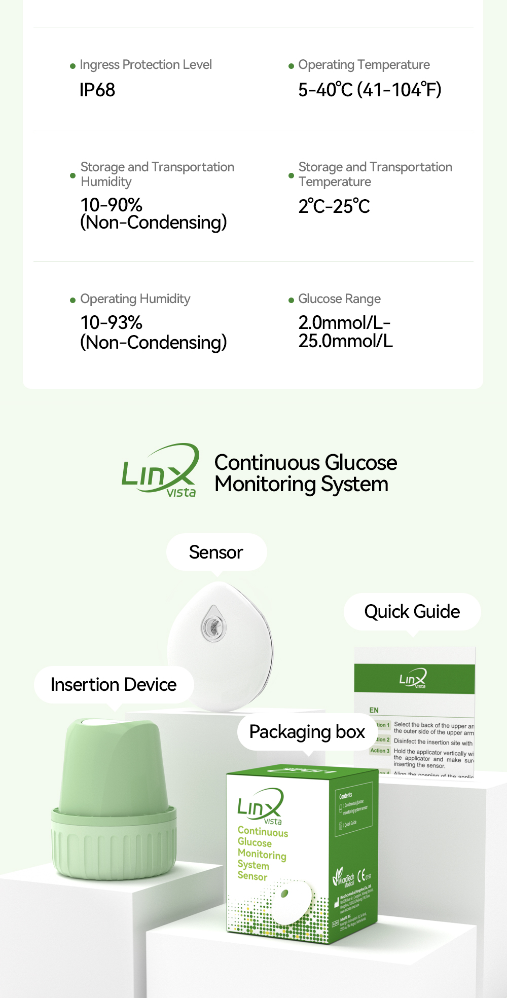 LinX Vista CGM 3 Full Set Continuous Glucose Monitor No Finger Pricking ...