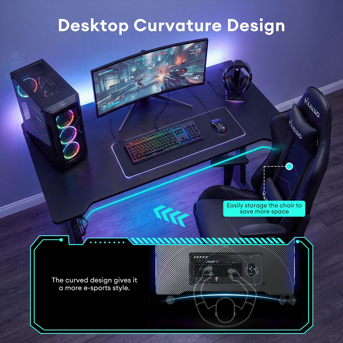 MUSSO G75 Gaming Desk Carbon Fiber Surface Sturdy Computer Desk Home ...