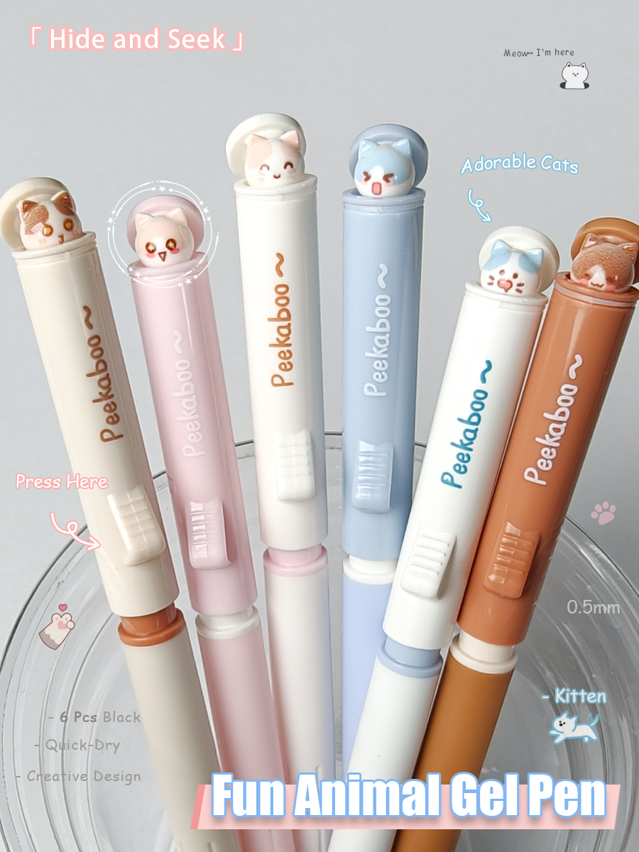 Fun Kitten Playing Hide and Seek Gel Pens Set 2/6Pcs 0.5mm Flip Cover ...