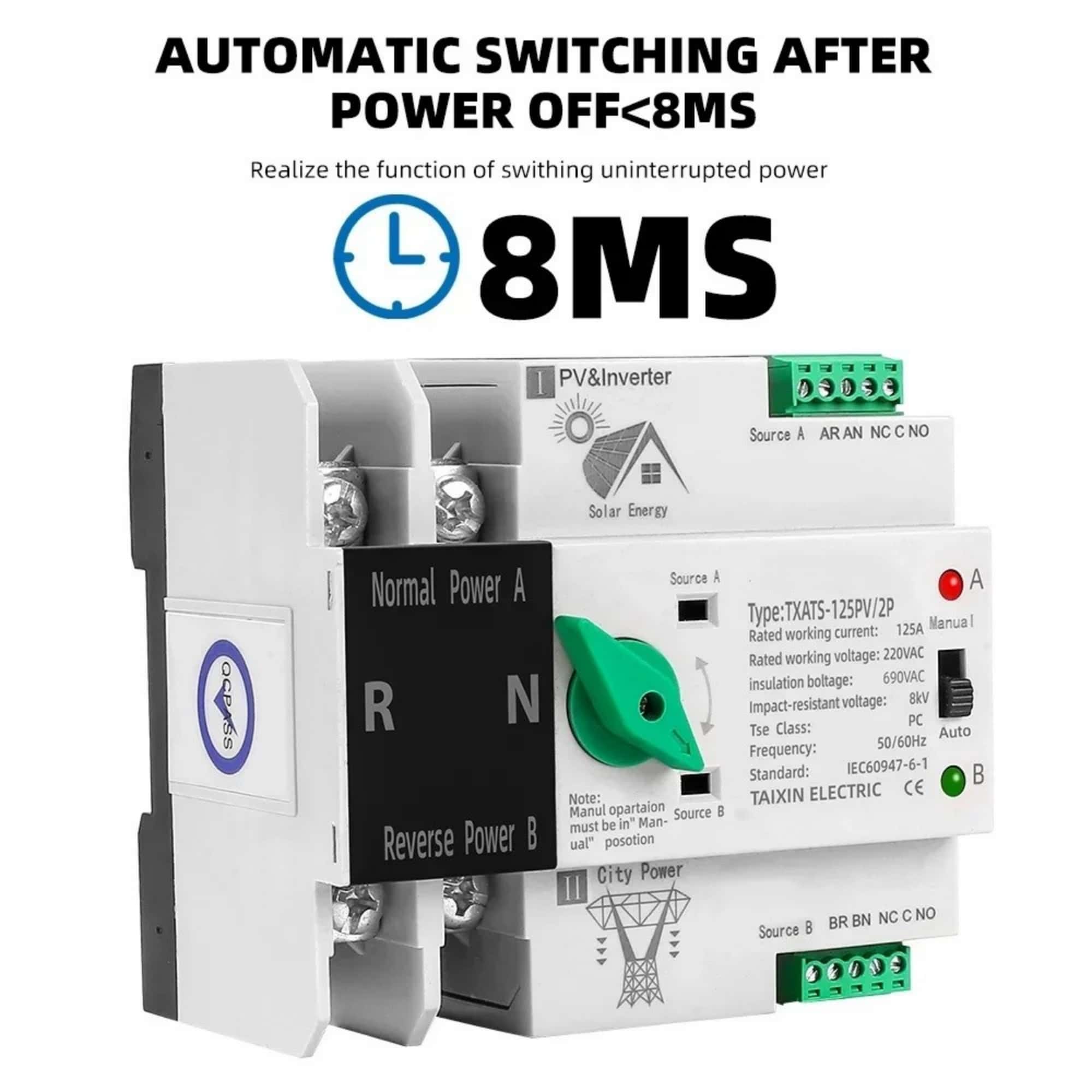 2P Din Rail ATS PV Inverter Dual Power Automatic Transfer Selector ...