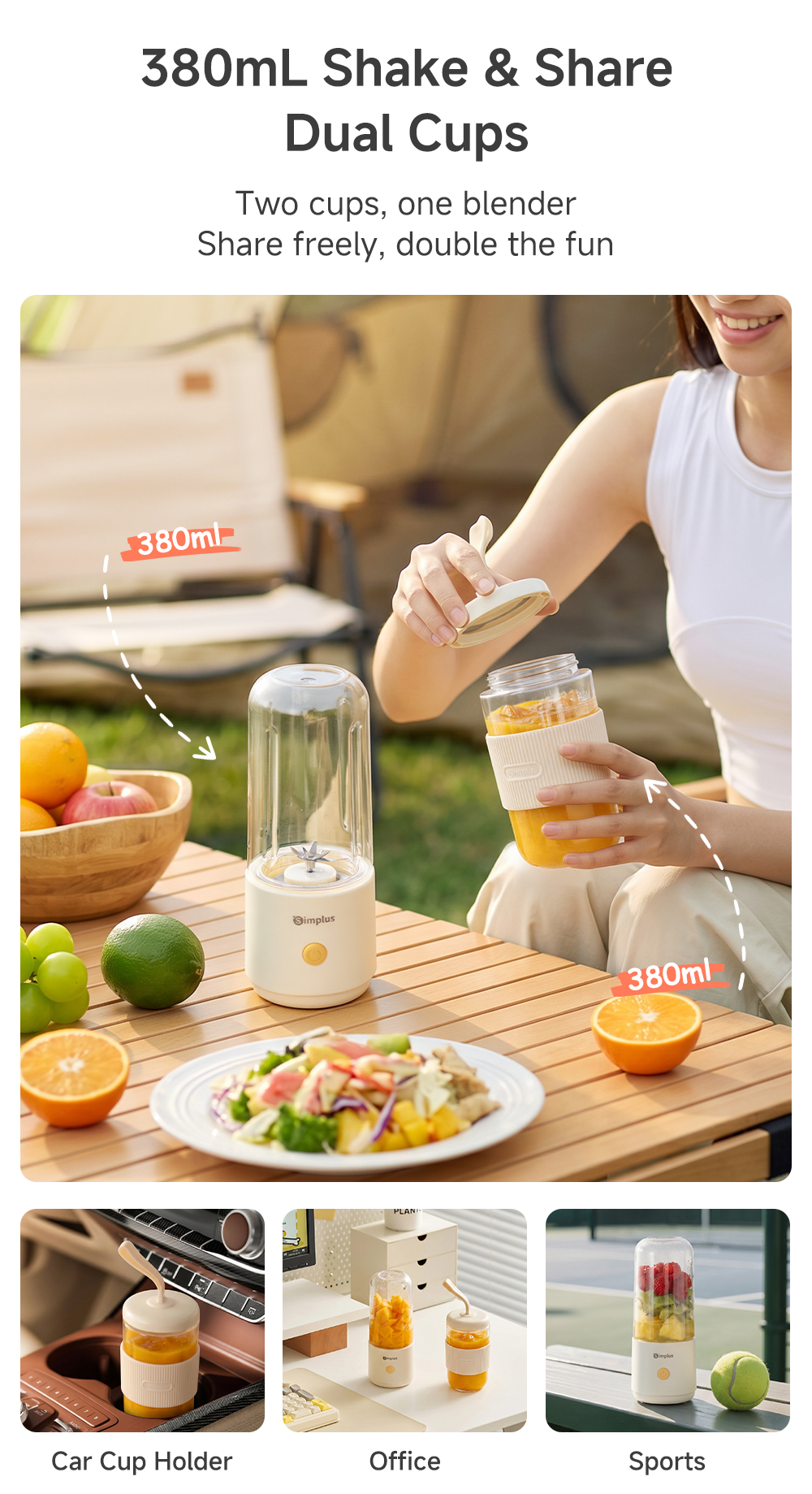 Simplus Portable Blender Personal Juicer 380mL Large Capacity Dual-cup ...
