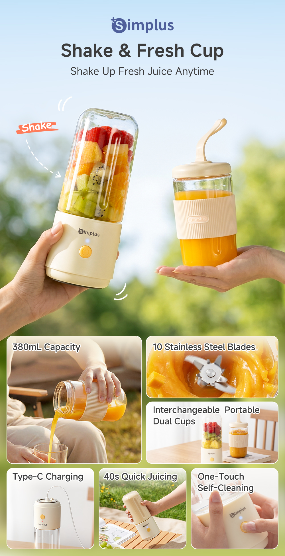 Simplus Portable Blender Personal Juicer 380mL Large Capacity Dual-cup ...