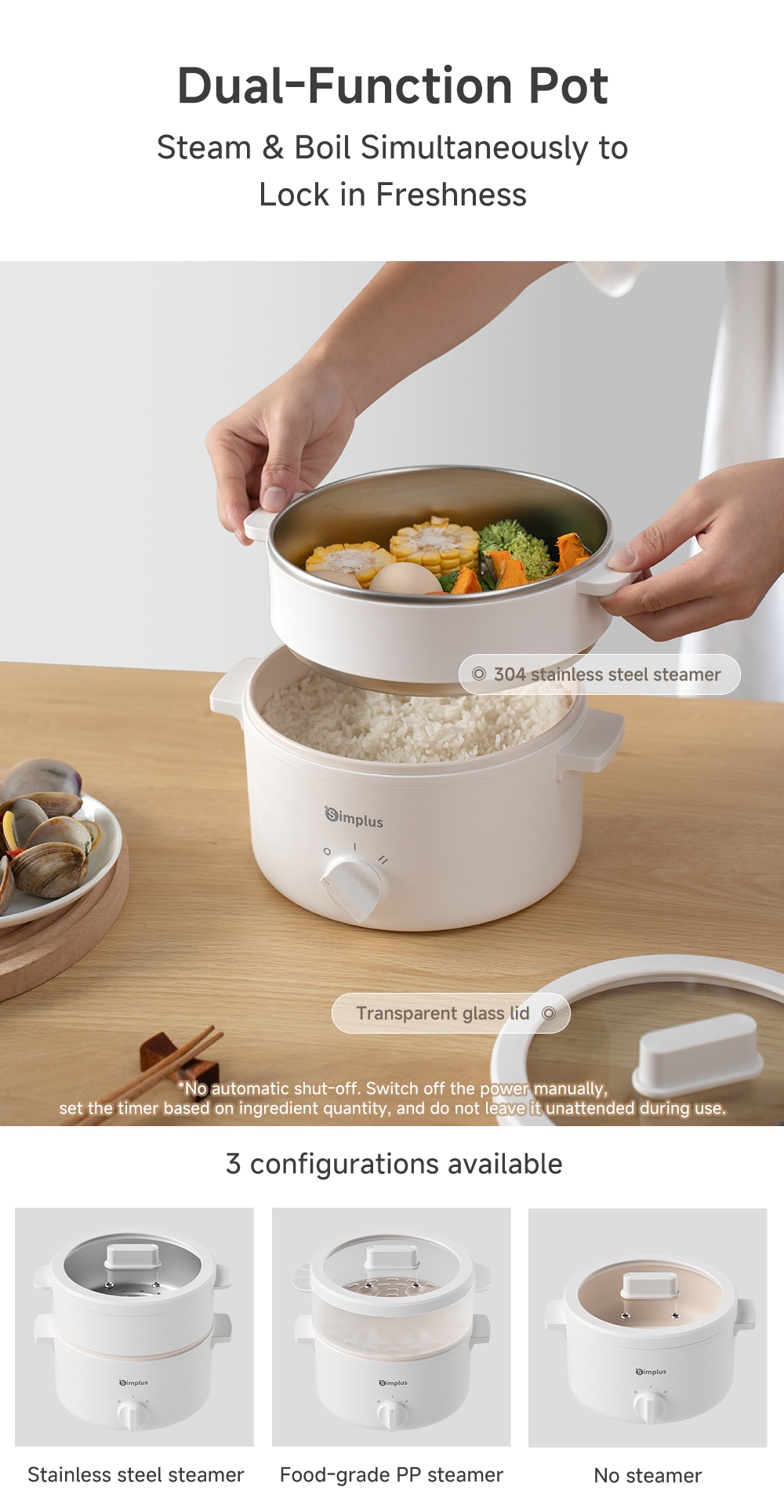 Simplus Electric Cooker Multi Cooker Ceramic Nonstick 1.8L/3L Cooking ...
